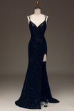 Black Sparkly Sequin Mermaid Long Ball Dress With Slit