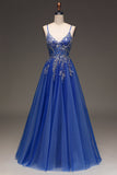A-Line Sequins Royal Blue Ball Dress with Appliques