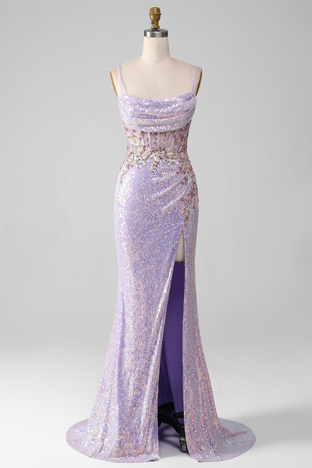 Sparkly Lilac Mermaid Spaghetti Straps Ball Dress with Slit