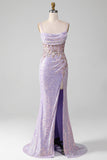 Sparkly Lilac Mermaid Spaghetti Straps Ball Dress with Slit