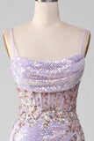 Sparkly Lilac Mermaid Spaghetti Straps Ball Dress with Slit