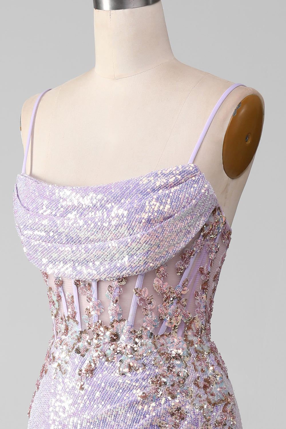 Sparkly Lilac Mermaid Spaghetti Straps Ball Dress with Slit