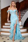 Stylish Sky Blue Mermaid Off the Shoulder Long Ball Dress with Lace Ruffles