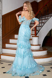Stylish Sky Blue Mermaid Off the Shoulder Long Ball Dress with Lace Ruffles