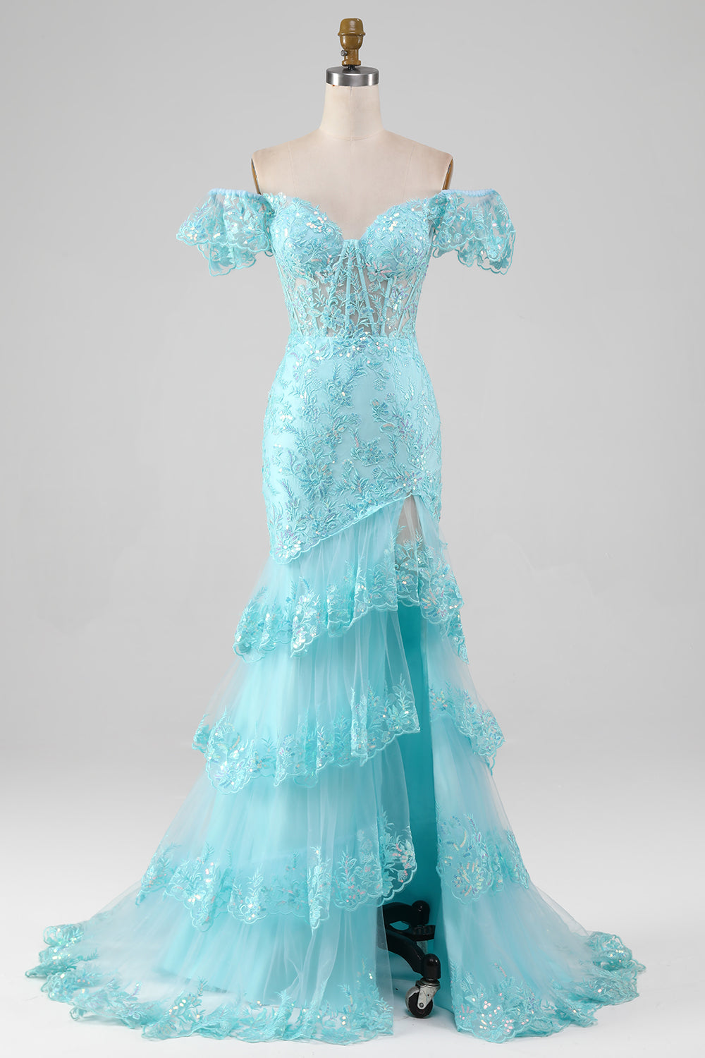 Sky Blue Mermaid Off the Shoulder Sequin Ball Dress with Slit