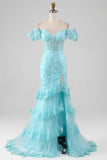 Sky Blue Mermaid Off the Shoulder Sequin Ball Dress with Slit