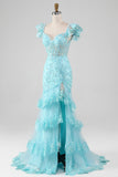 Sky Blue Mermaid Off the Shoulder Sequin Ball Dress with Slit