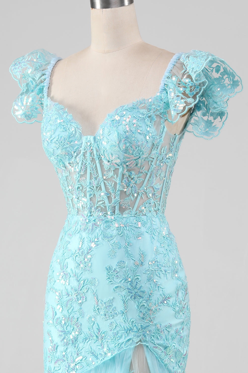 Sky Blue Mermaid Off the Shoulder Sequin Ball Dress with Slit