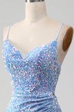 Light Blue Sparkly Sequins Mermaid Pleated Ball Dress with Slit