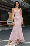Pink Mermaid Sweetheart Sequins Corset Long Ball Dress