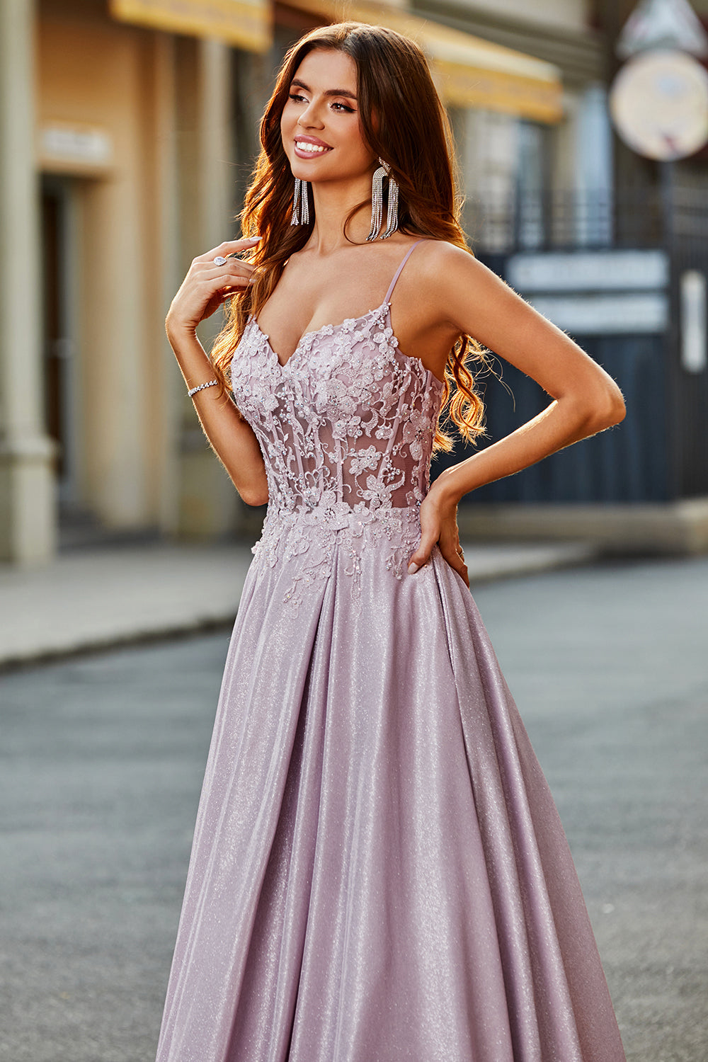 Sparkly A-Line Spaghetti Straps Blush Ball Dress with Beading