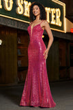 Stunning Mermaid Spaghetti Straps Fuchsia Sequins Corset Ball Dress