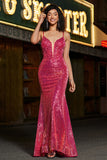 Stunning Mermaid Spaghetti Straps Fuchsia Sequins Corset Ball Dress
