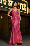 Stunning Mermaid Spaghetti Straps Fuchsia Sequins Corset Ball Dress