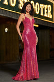 Stunning Mermaid Spaghetti Straps Fuchsia Sequins Corset Ball Dress
