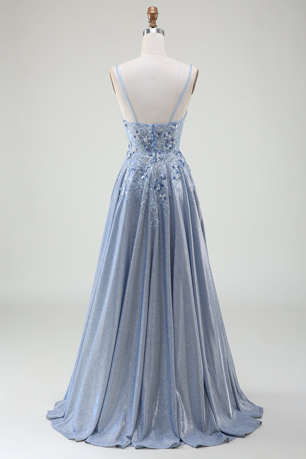 Sparkly A-Line Spaghetti Straps Grey Blue Long Ball Dress