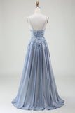 Sparkly A-Line Spaghetti Straps Grey Blue Long Ball Dress