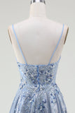 Sparkly A-Line Spaghetti Straps Grey Blue Long Ball Dress