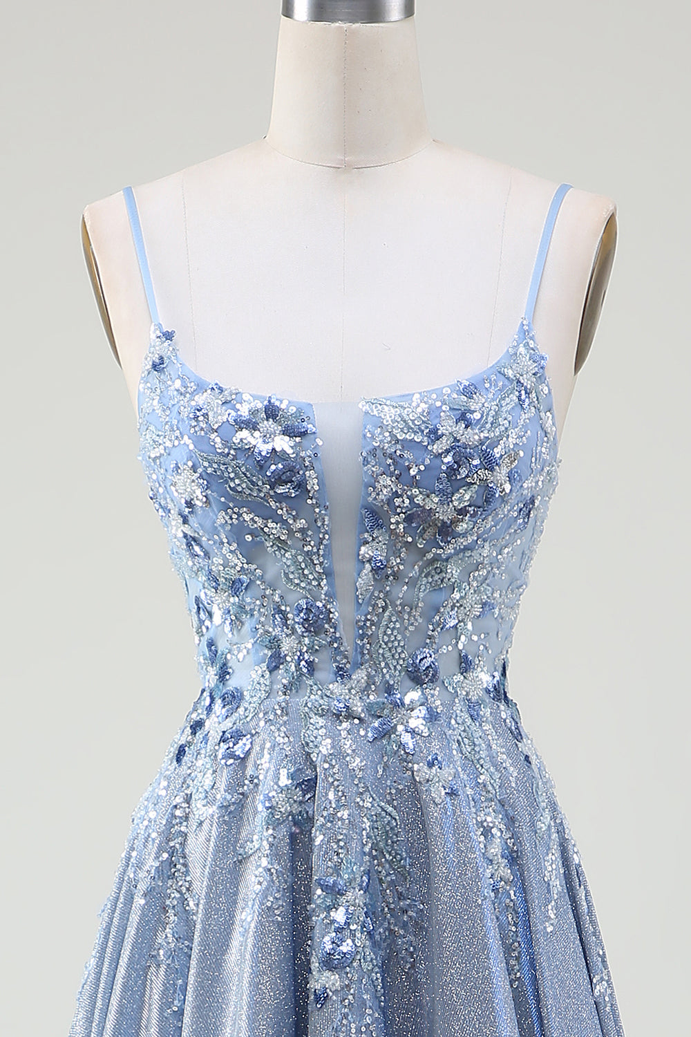 Sparkly A-Line Spaghetti Straps Grey Blue Long Ball Dress