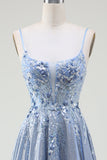 Sparkly A-Line Spaghetti Straps Grey Blue Long Ball Dress