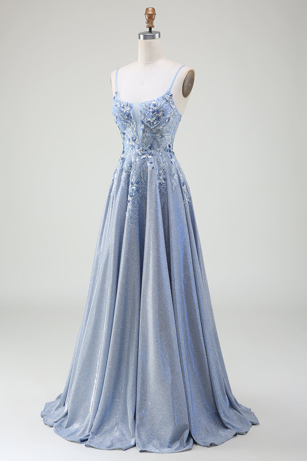 Sparkly A-Line Spaghetti Straps Grey Blue Long Ball Dress