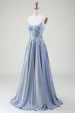 Sparkly A-Line Spaghetti Straps Grey Blue Long Ball Dress