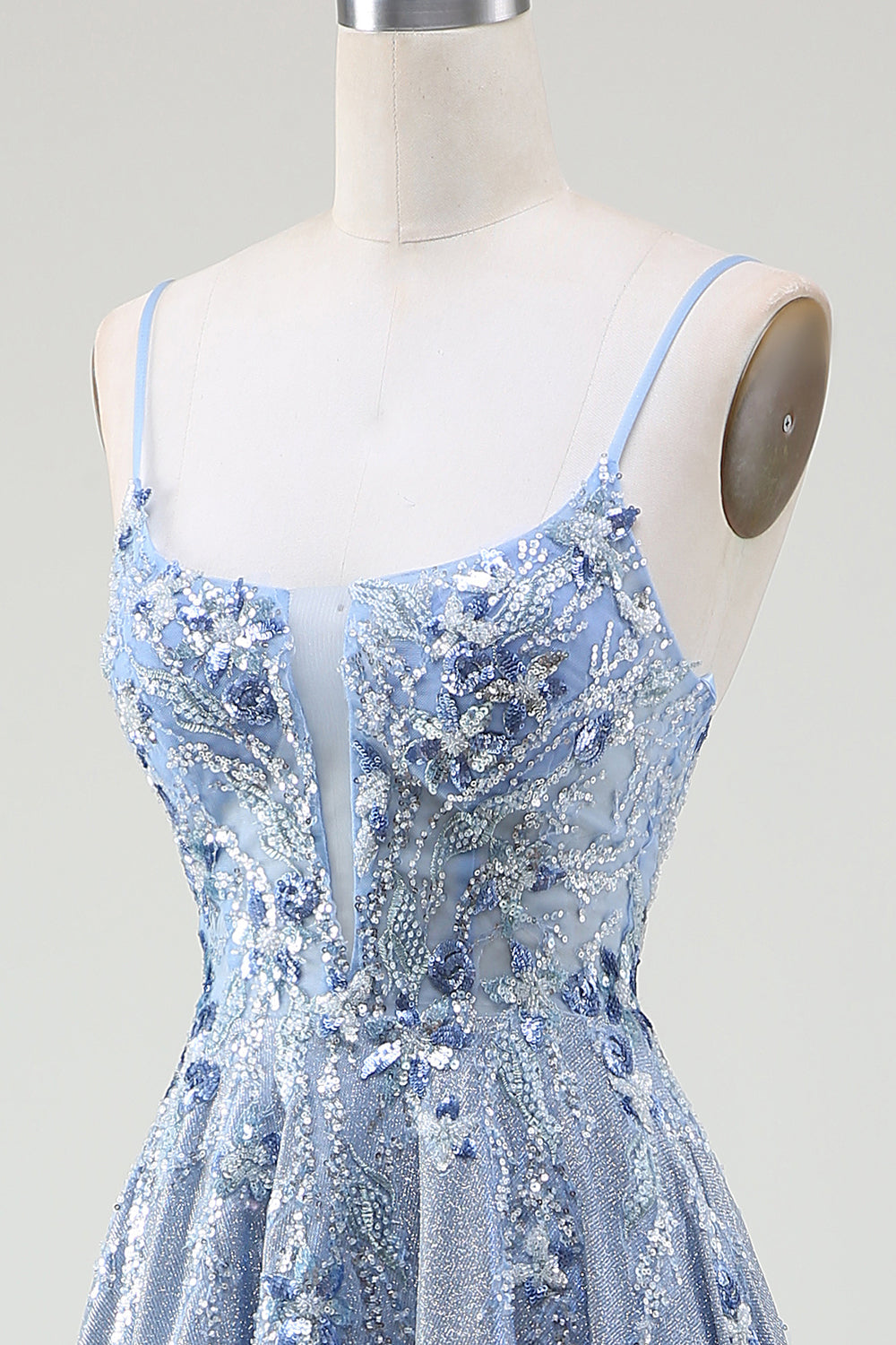 Sparkly A-Line Spaghetti Straps Grey Blue Long Ball Dress