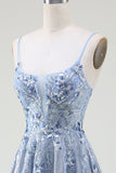 Sparkly A-Line Spaghetti Straps Grey Blue Long Ball Dress