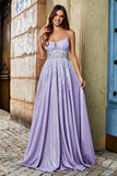 Lilac A-Line Spaghetti Straps Long Glitter Ball Dress With Beading