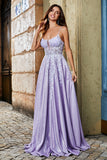 Lilac A-Line Spaghetti Straps Long Glitter Ball Dress With Beading