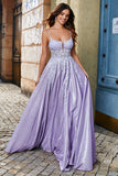 Lilac A-Line Spaghetti Straps Long Glitter Ball Dress With Beading