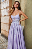 Lilac A-Line Spaghetti Straps Long Glitter Ball Dress With Beading