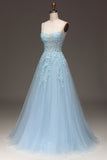 A Line Light Blue Sequin Spaghetti Straps Ball Dress With Appliques