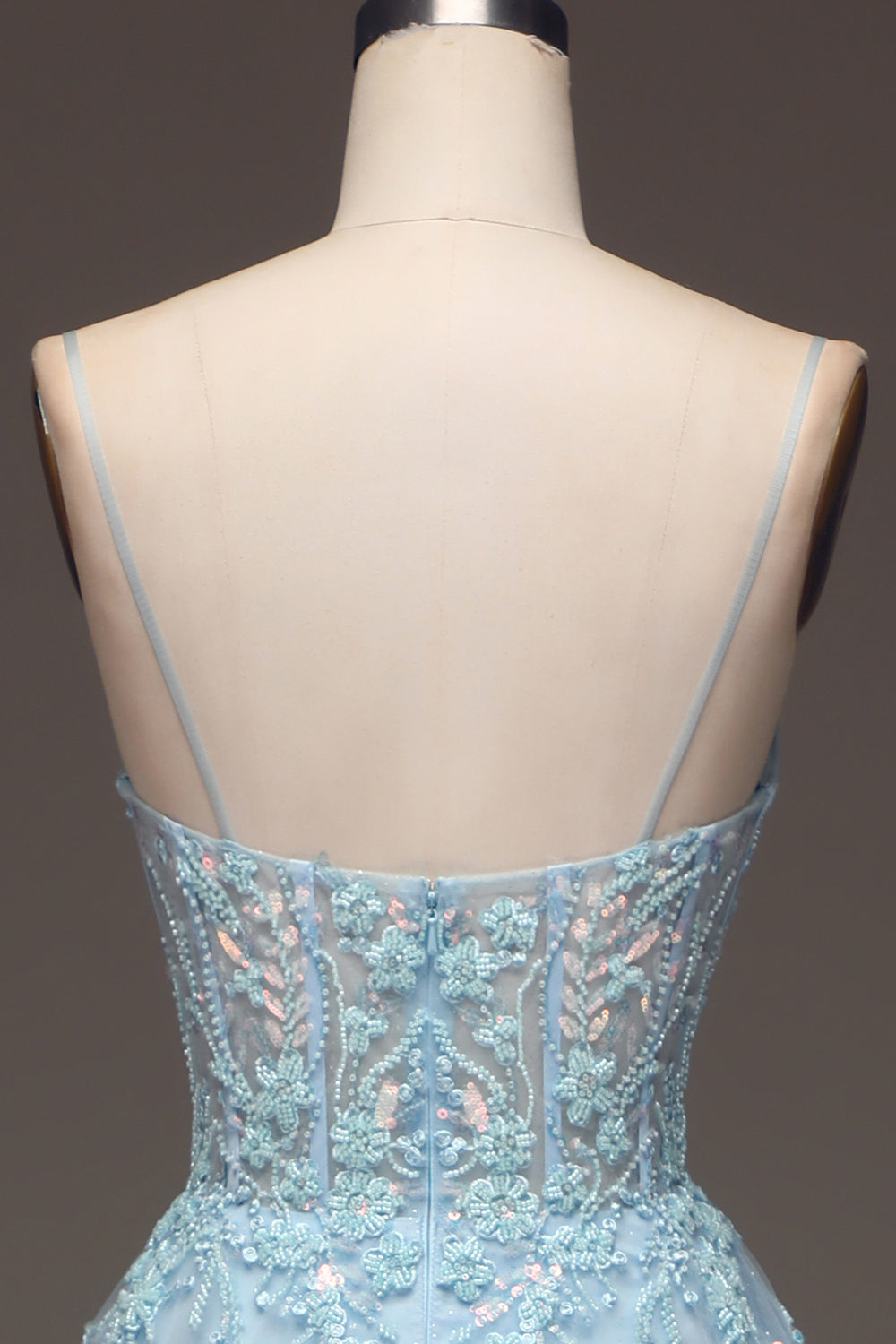 A Line Light Blue Sequin Spaghetti Straps Ball Dress With Appliques