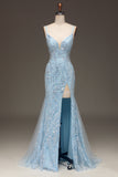 Blue Tulle Mermaid Ball Dress with Beaded