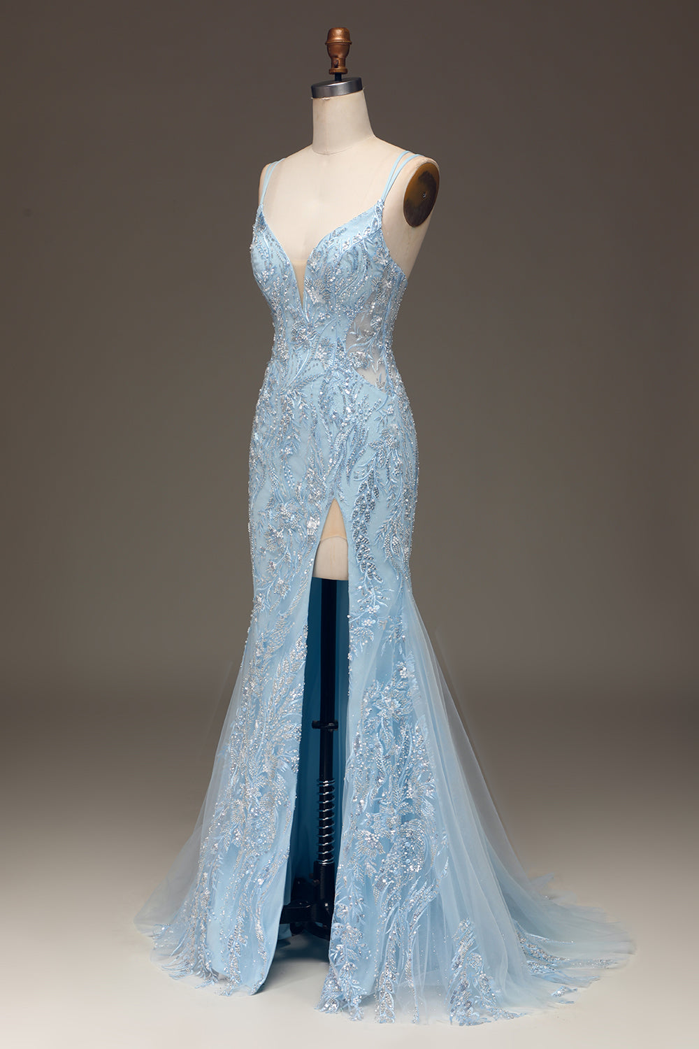 Blue Tulle Mermaid Ball Dress with Beaded