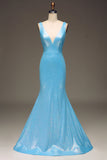Glitter Blue Mermaid V-Neck Long Ball Dress