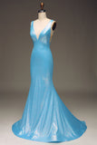 Glitter Blue Mermaid V-Neck Long Ball Dress