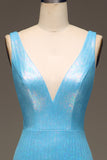Glitter Blue Mermaid V-Neck Long Ball Dress