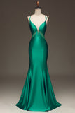 Green Deep V-neck Satin Mermaid Ball Dress with Lace-up Back