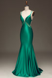 Green Deep V-neck Satin Mermaid Ball Dress with Lace-up Back