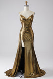 Sparkly Mermaid Golden Long Pleated Ball Dress with Slit