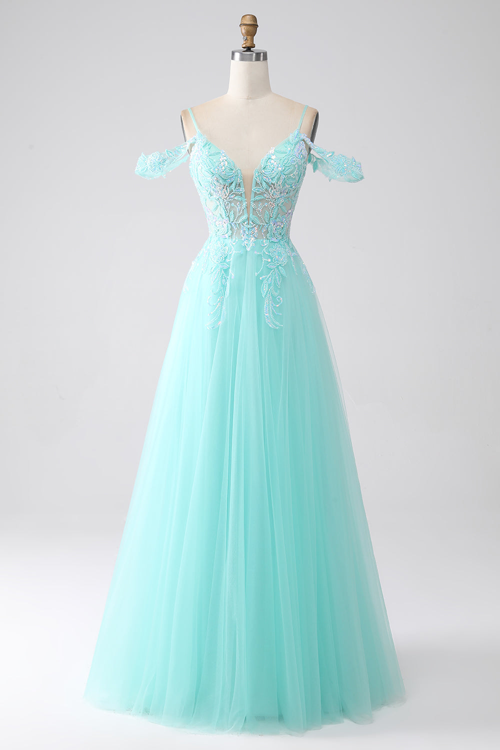 Light Green Spaghetti Straps Cold Shoulder Sequins Ball Dress