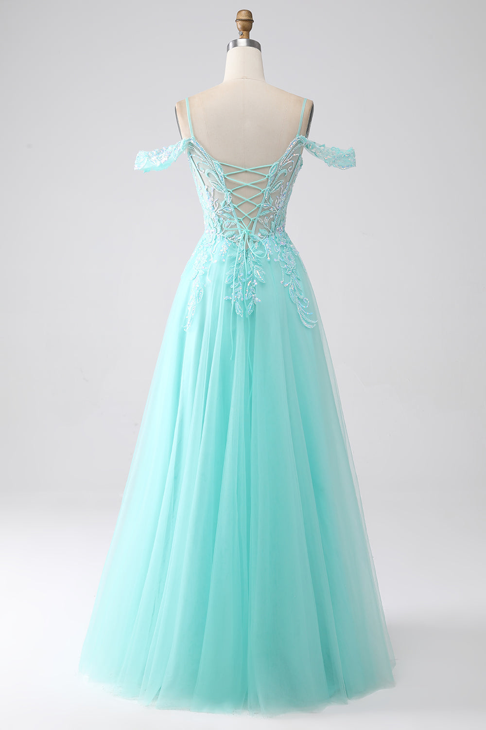 Light Green Spaghetti Straps Cold Shoulder Sequins Ball Dress