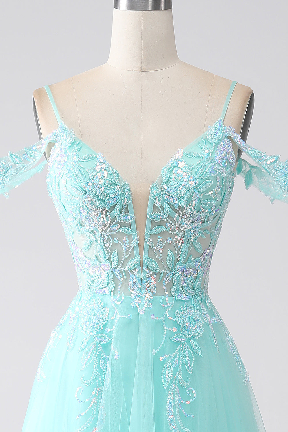 Light Green Spaghetti Straps Cold Shoulder Sequins Ball Dress