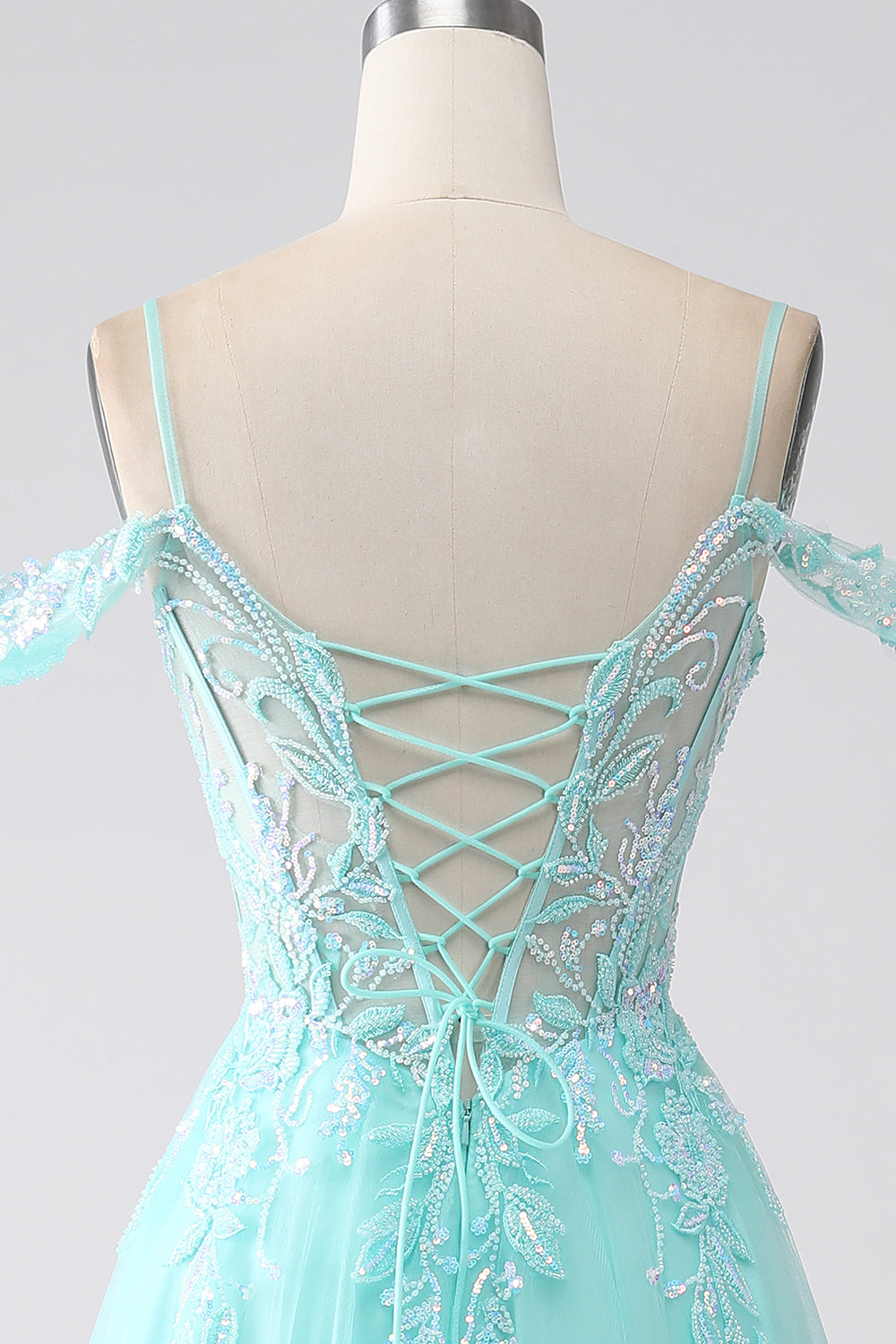 Light Green Spaghetti Straps Cold Shoulder Sequins Ball Dress