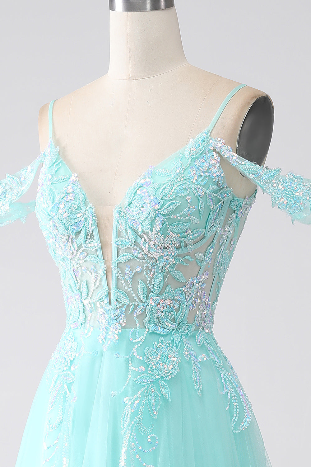 Light Green Spaghetti Straps Cold Shoulder Sequins Ball Dress