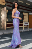 Stylish Mermaid Spaghetti Straps Purple Sequins Corset Ball Dress