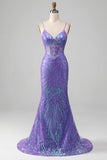 Mermaid Sparkly Purple Corset Sequin Long Ball Dress