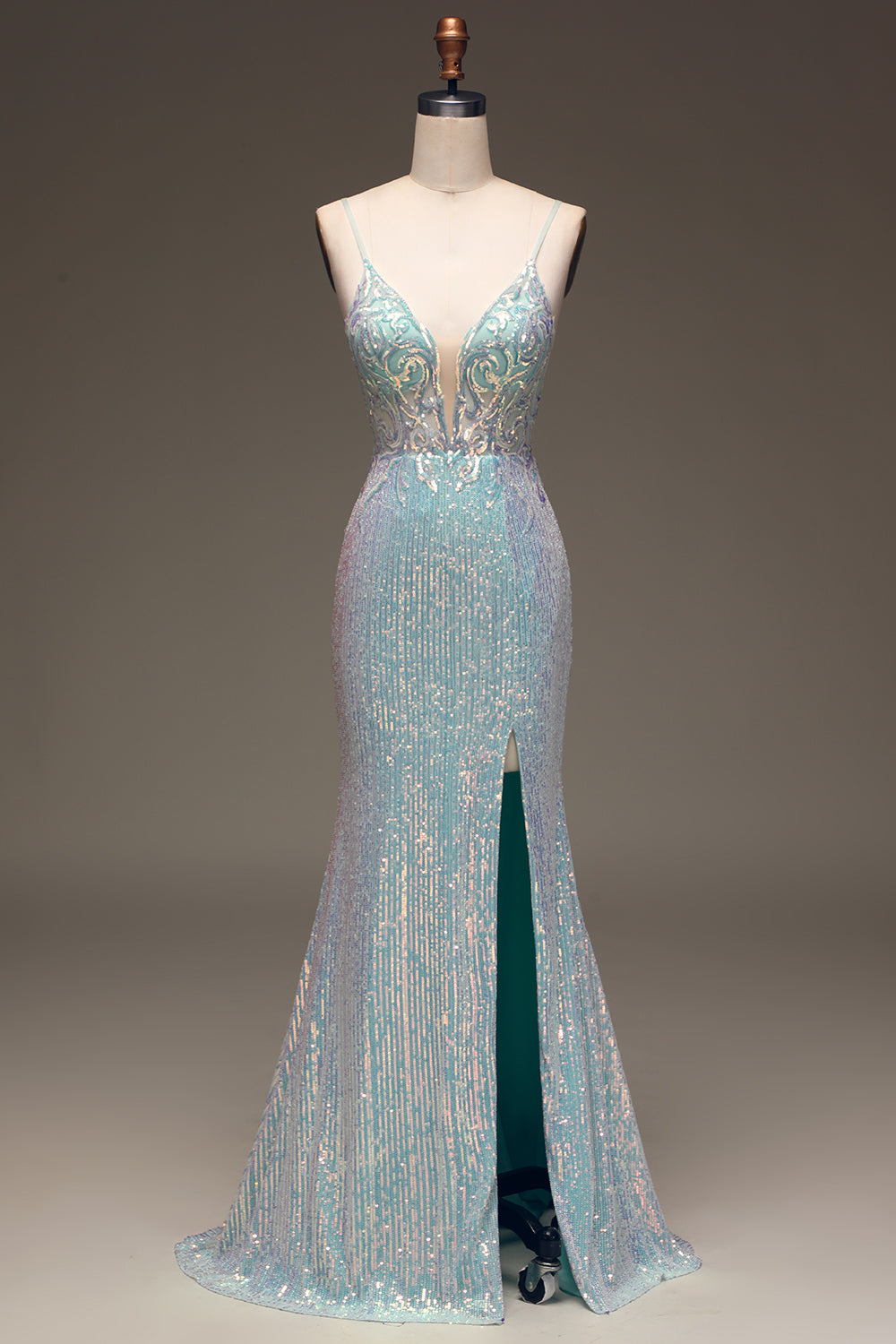 Sparkly Mermaid Grey Blue Ball Dress with Slit